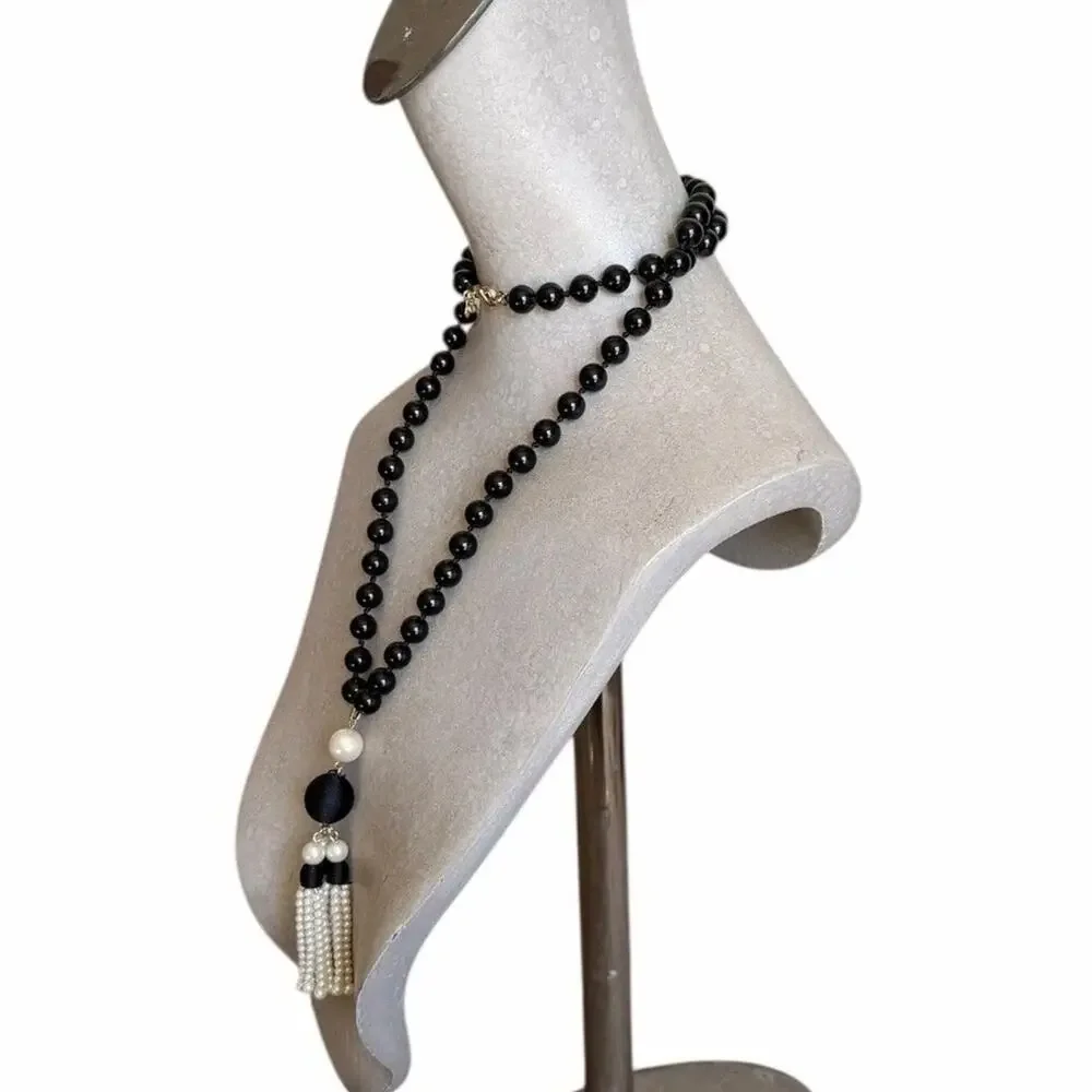 Amy Taylor Black Beaded Tassel Necklace Faux Pearl Statement Jewelry